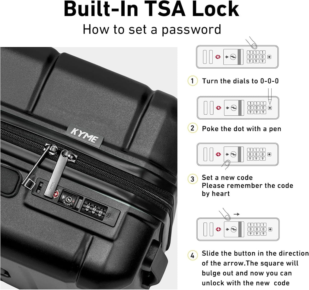 KYME Luggage Sets 2 Piece Suitcase Set Hardshell 20 inch/24 inch Luggage with Spinner Wheels Hardside PC+ABS Checked Large Suitcase with TSA Lock for Men Women Black