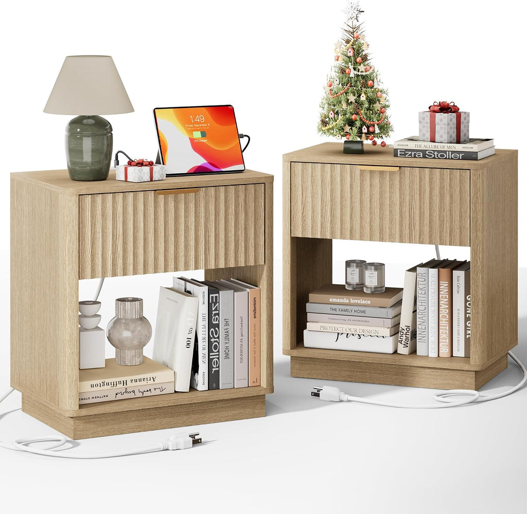 Fluted Nightstand, Night Stand Set 2, 23' Wide Nightstands Set of 2 with Charging Station, Large Wooden End Table with Drawer, Modern Bedside Table for Bedroom, Curved Corners, Natural Oak