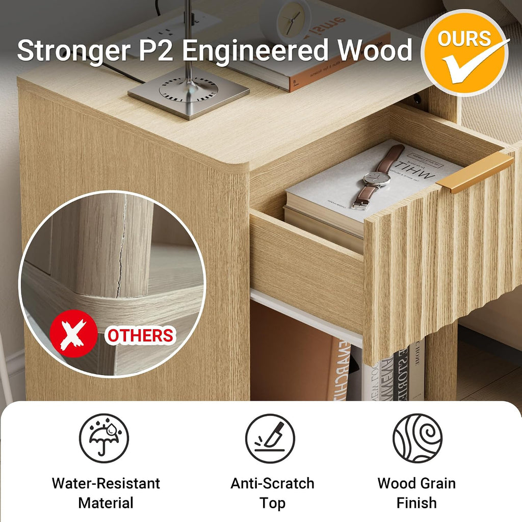 Fluted Nightstand, Night Stand Set 2, Nightstands Set of 2 with Charging Station, Wooden End Table with Drawer & Open Shelf, Modern Bedside Table for Bedroom, Curved Corners, Natural Oak