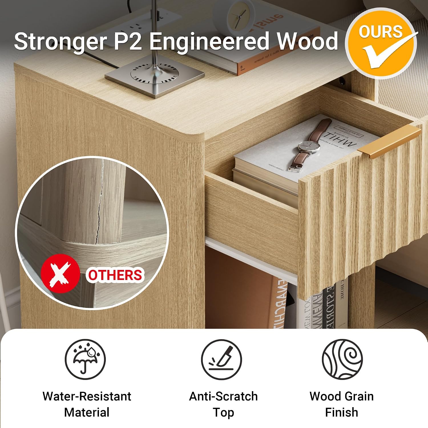Fluted Nightstand, Night Stand Set 2, Nightstands Set of 2 with Charging Station, Wooden End Table with Drawer & Open Shelf, Modern Bedside Table for Bedroom, Curved Corners, Natural Oak