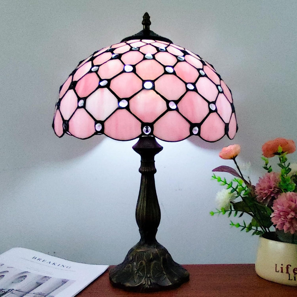 Tiffany Lamp Stained Glass Table Lamp Antique Bedside Desk Reading Light 3-Way Color LED Living Room Nightstand Light 12X12X19 Inches Home Office Desk Light Pink Pearls Style