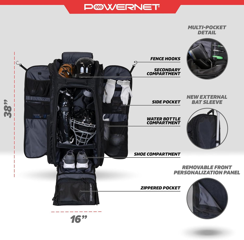 PowerNet Optimus Catcher's Bag, Rolling Equipment Bag Holds All Baseball & Softball Gear, 7 Internal Bat Sleeves, Cleat Compartment, Personalization Panel & Hooks