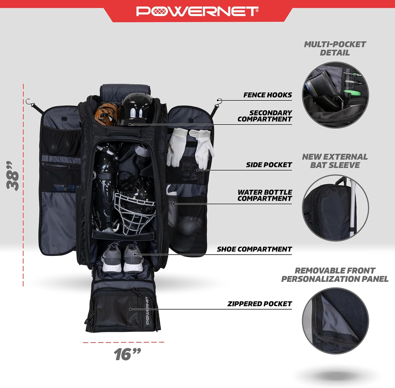 PowerNet Optimus Catcher's Bag, Rolling Equipment Bag Holds All Baseball & Softball Gear, 7 Internal Bat Sleeves, Cleat Compartment, Personalization Panel & Hooks
