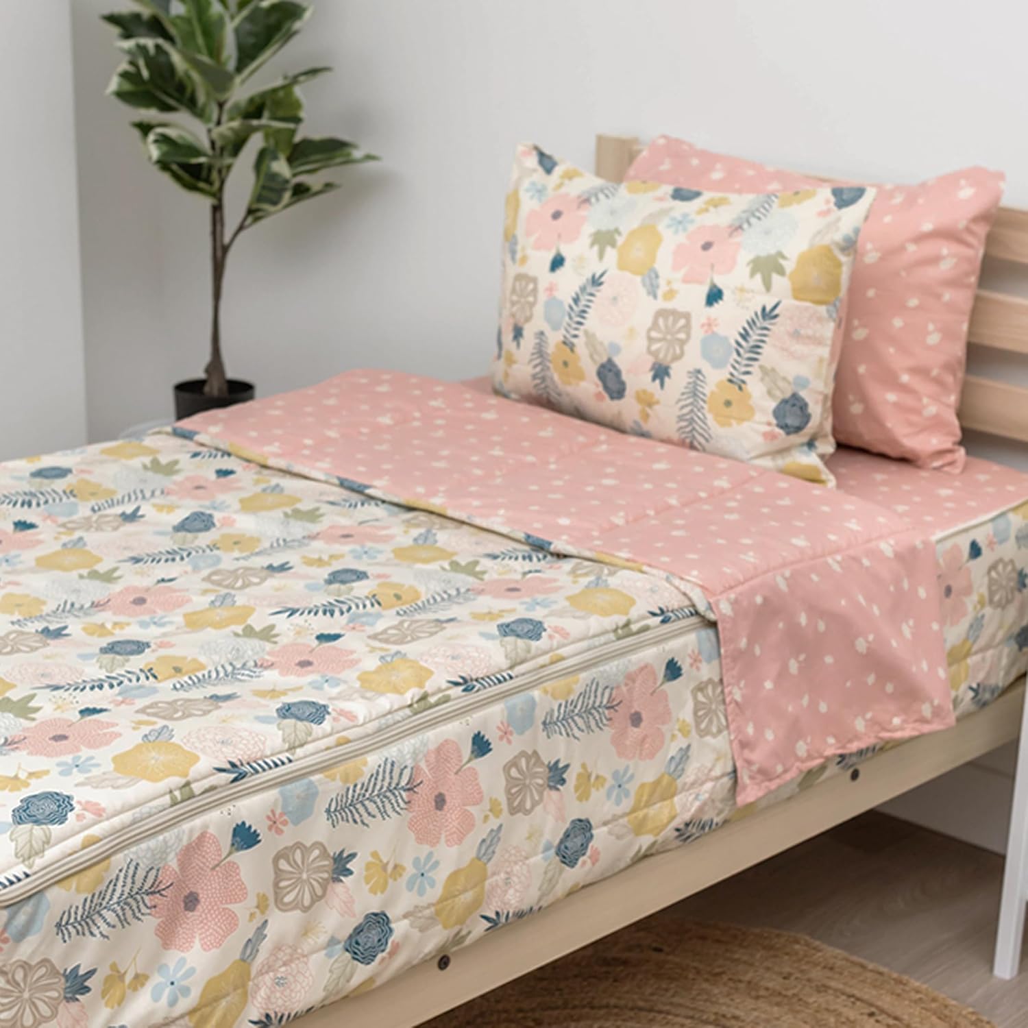 Beddy's Flower Blossoms Durable Zipper Bedding for Kids - Bed in a Bag - Pink Floral Sheets and Comforter - Includes 2 Pillowcases & 2 Shams - Easy to Make & Wash - Full