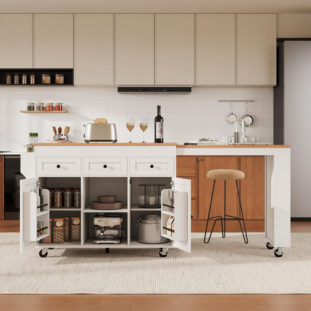 85.5' Kitchen Island with Extendable Dining Table, Kitchen Storage Table with 3 Side Open Shelves, Rolling Kitchen Island with Power Outlet, 3 Drawers, 2 Doors, for Kitchen, Dining Room (White#78)