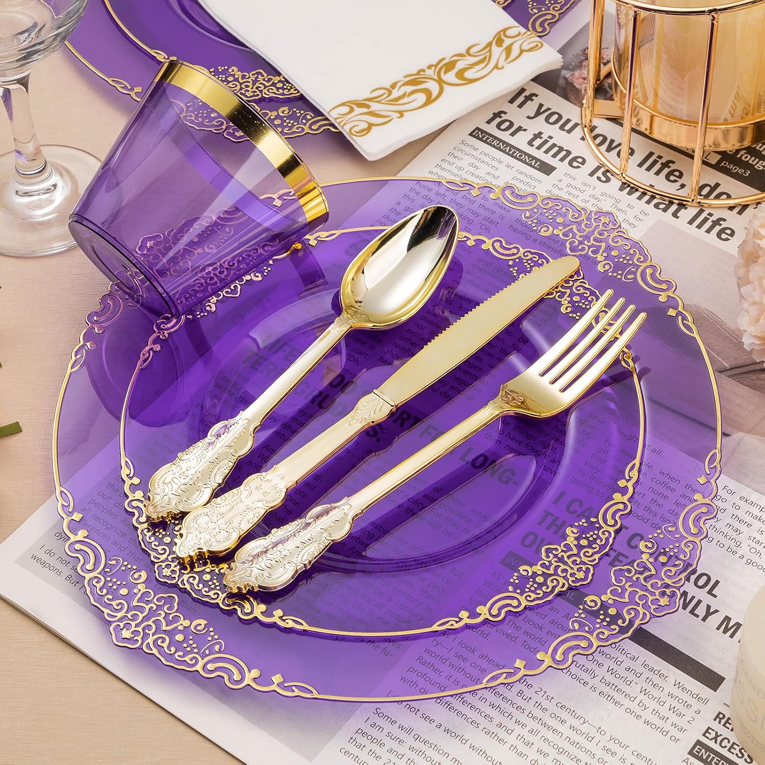 Bestluck 700PCS Clear Purple Plastic Plates for 100 Guests, Disposable Plate with Gold Trim include 100 Dinner plates, 100 Dessert Plates, 100 Gold Silverware, Cups and Napkins for Party, Graduation