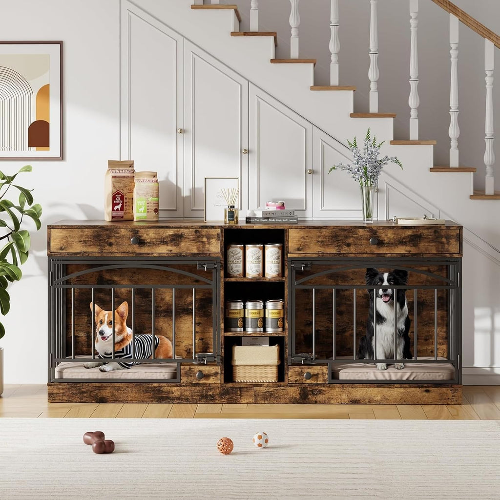 GAOMON Dog Crate Furniture for 2 Dogs, 78.7'' Large Dog Kennel Indoor with 2 Storage Drawers, 3 Shelves and Feeding Bowls, Double Dog Crate TV Stand for Small and Medium Dogs, Brown