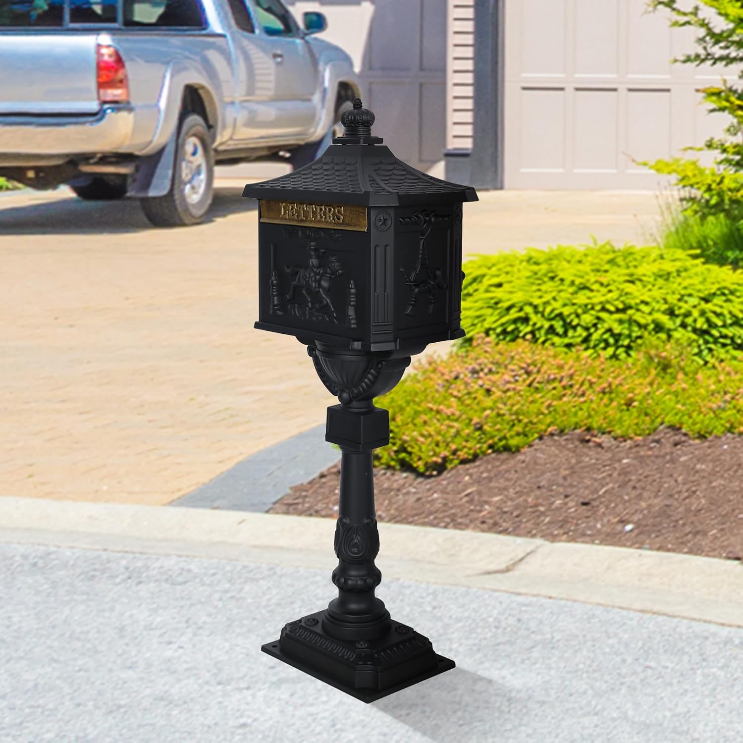 Mailbox, Heavy Duty Cast Aluminum Postal Box, Mail Box with 2 Keys for Courtyard Villa Decoration - Black