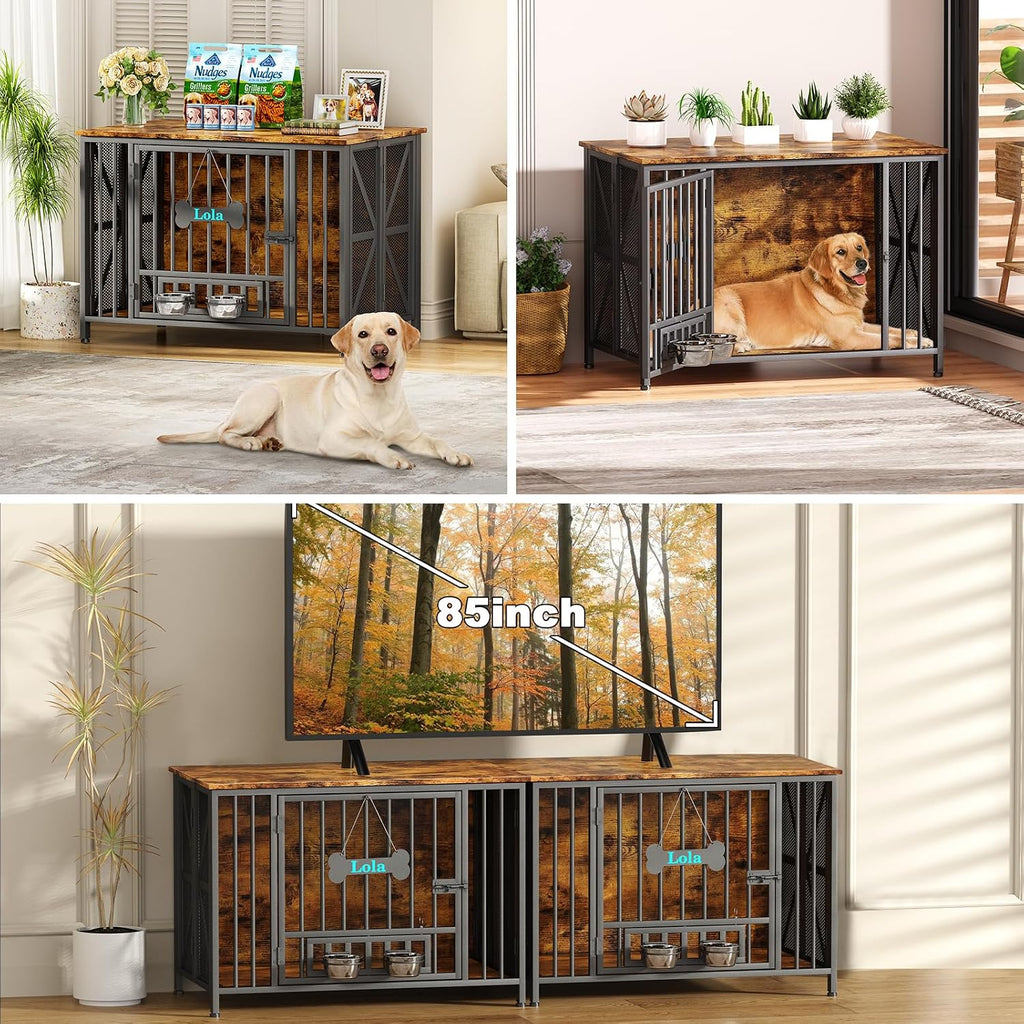 Easycom Foldable Large Dog Crate Furniture, 41.3' Assembly-Free Dog Crates for Large Dogs, Wooden Dog Kennel Indoor with Tag & Dog Bowls, Dog Cage Use as TV Stand, Rustic Brown