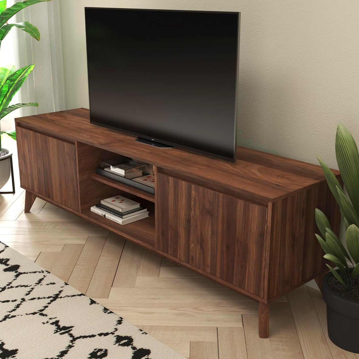 Flash Furniture Hatfield Mid-Century Modern TV Stand For 65+ Inch TV's - Walnut Laminate Finish - 70 Inch Media Center - Adjustable Center Shelf - Soft Close Doors
