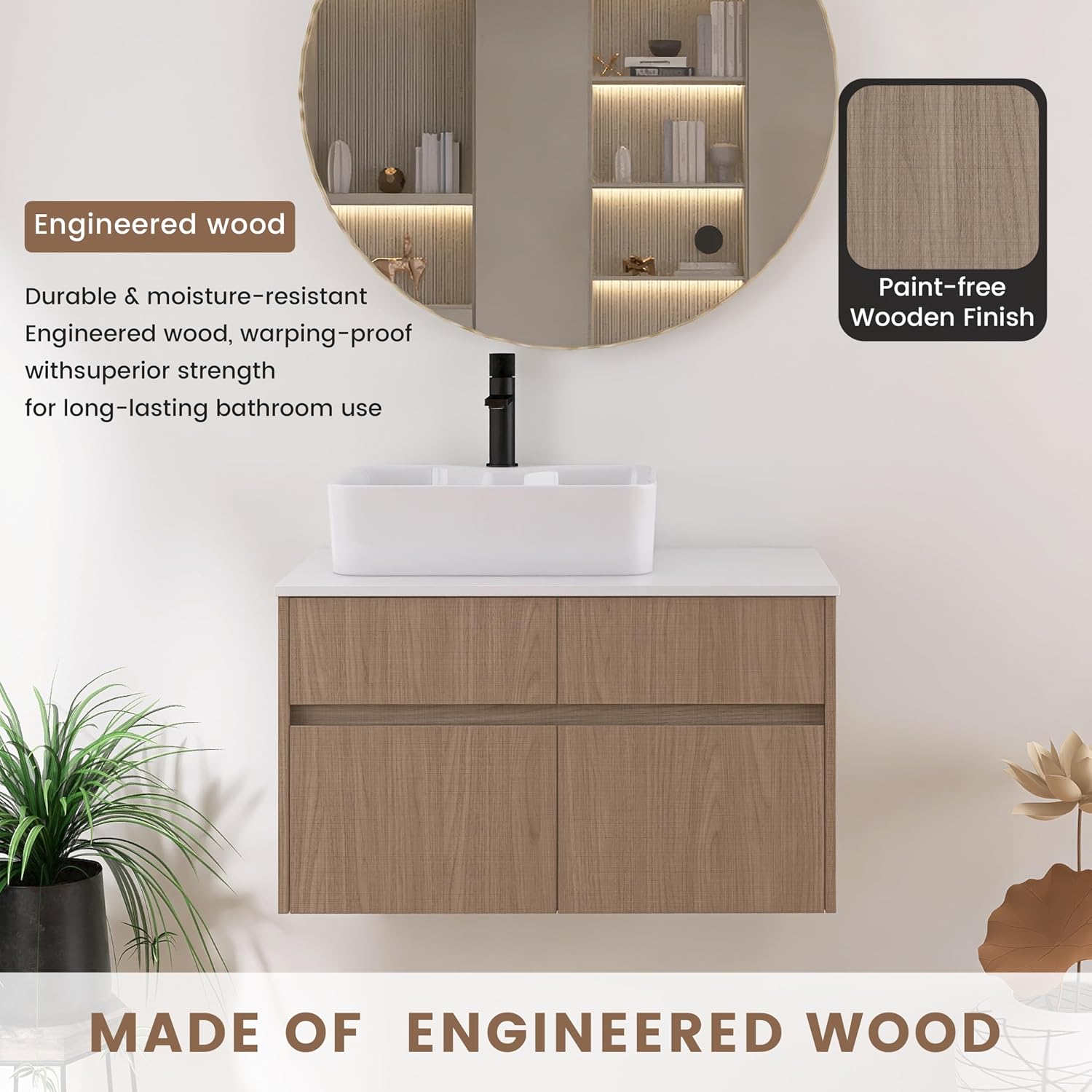 32 Inch Floating Bathroom Vanity with Sink, Modern Wall Mounted Cabinet, Ceramic Vessel Basin, 2 Soft Close Doors and 2 Drawer, Light Walnut