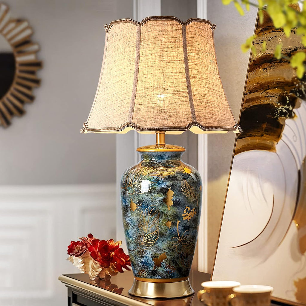Blue Hand-Painted Ceramic Table Lamp Gold Flower Beside Lamps American Halo Ceramic Lamp Body with Fabric lampshade Nightstand for Living Room Bedroom Home Office