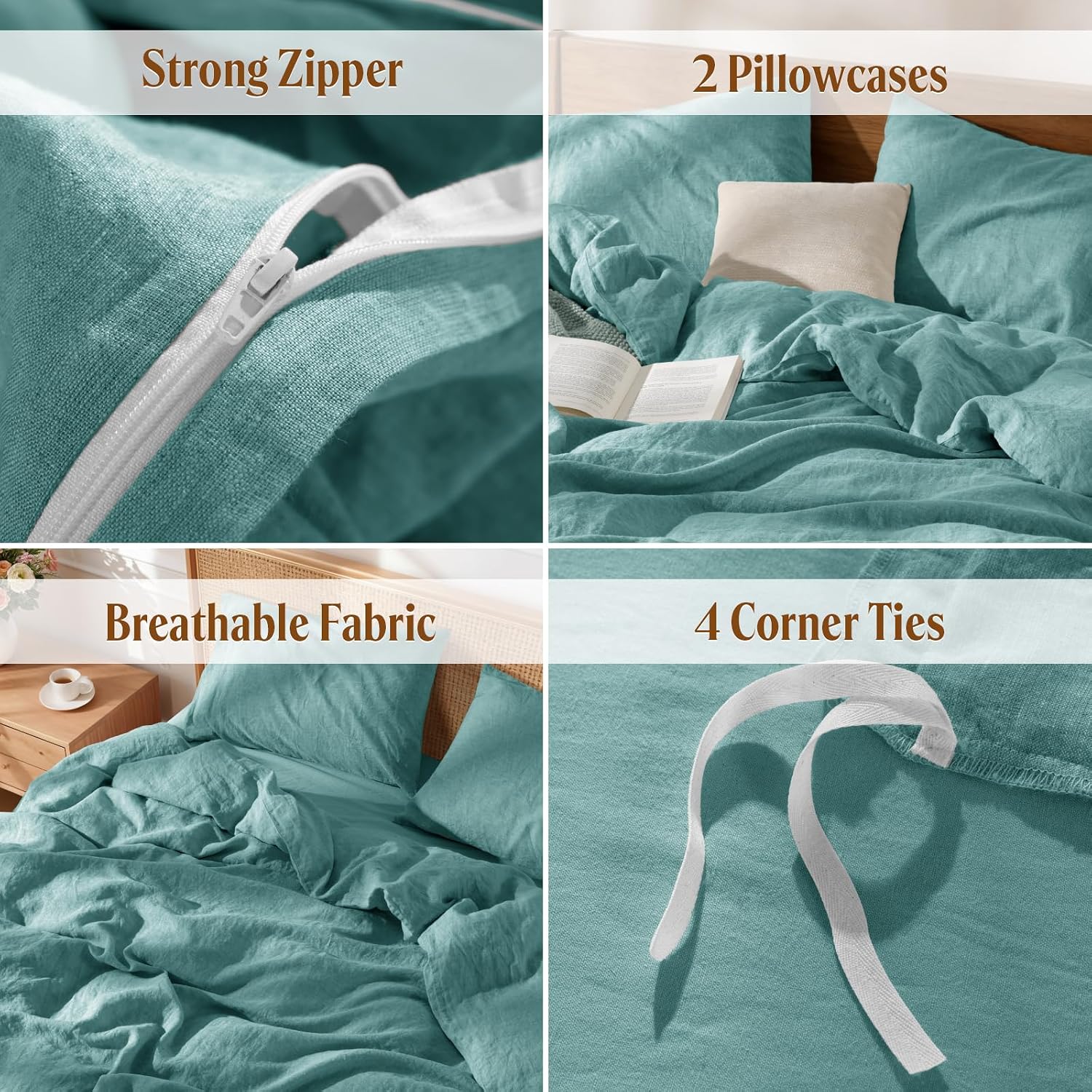 LBRO2M 100% France Linen Duvet Cover Set 3 Pcs Including 1 Flax Comforter Cover with Zipper Closure, 2 Pillowcase, Cozy Duvet Cover Queen Size, Aqua