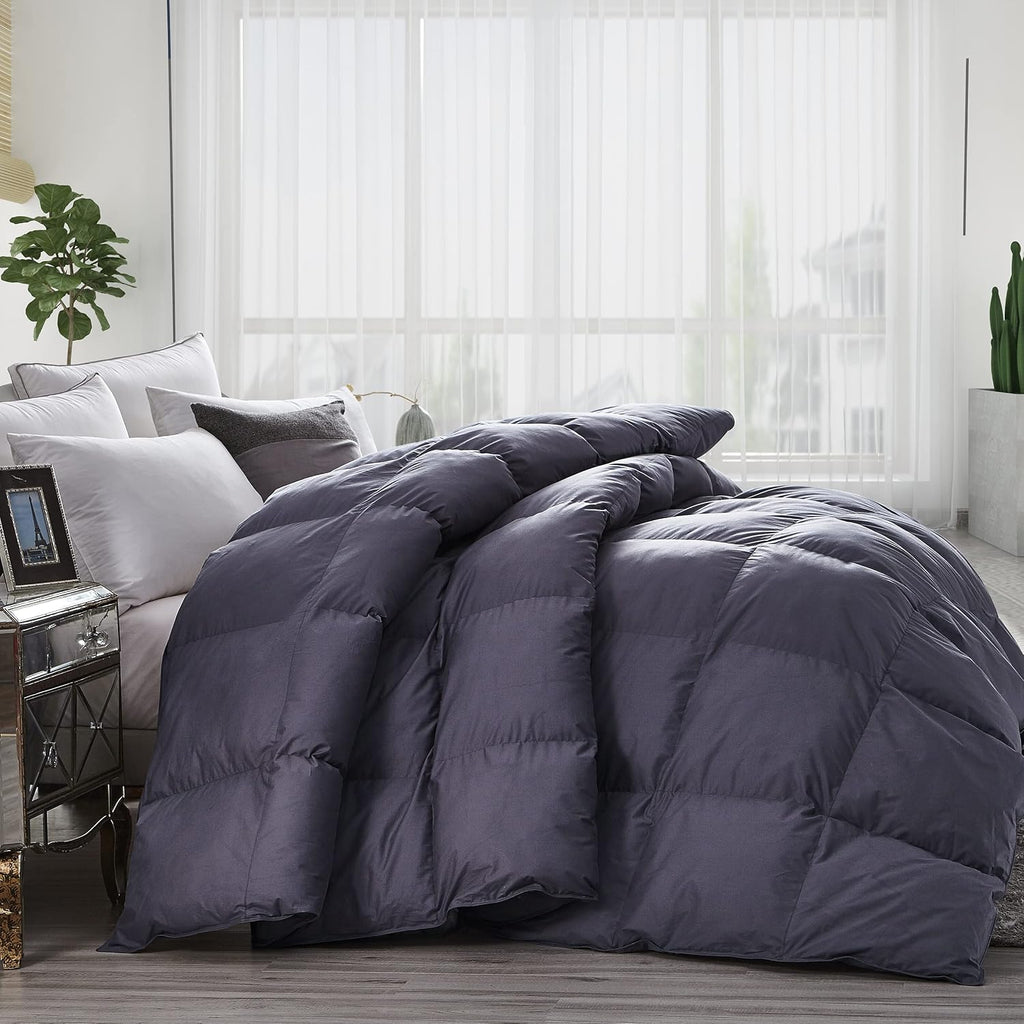 Luxurious Queen Size Goose Down Feather Fiber Comforter Duvet Insert, 100% Egyptian Cotton Cover, 60 oz. Fill Weight Comforter (Queen, Gray Solid)