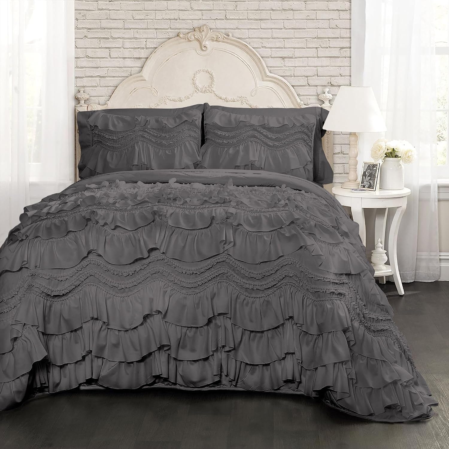 100% Egyptian Cotton, 550 GSM Microfiber Filled Quilt Ruffled Textured 3 Piece Full/Queen Size Comforter Set, Dark Grey