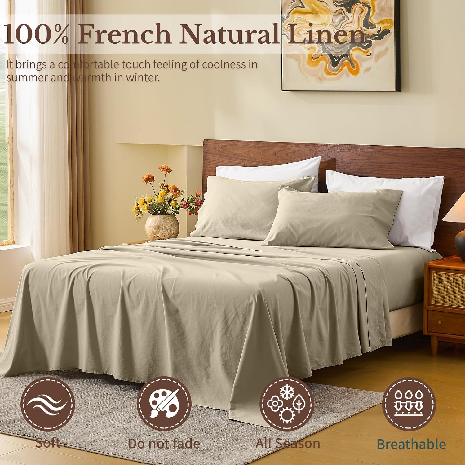 MEISHANG 100% French Pure Linen Sheets Queen Size - Bed Sheets 4 Piece Sets, Soft Durable Flax Linen, Anti-Tear Breathable Moisture Wicking with 16' Deep Pocket (Brown Taupe)