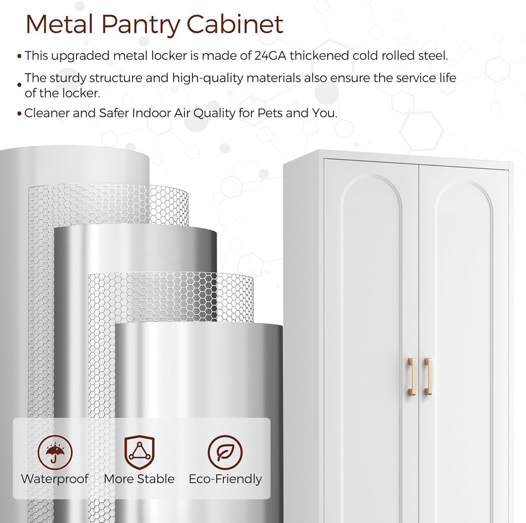 71' White Pantry Cabinet with Doors, Tall Metal Kitchen Pantry Storage Cabinet with 4 Adjustable Shelves and Gold Handles, Cupboard for Laundry, Dining Room, Living Room, Bathroom