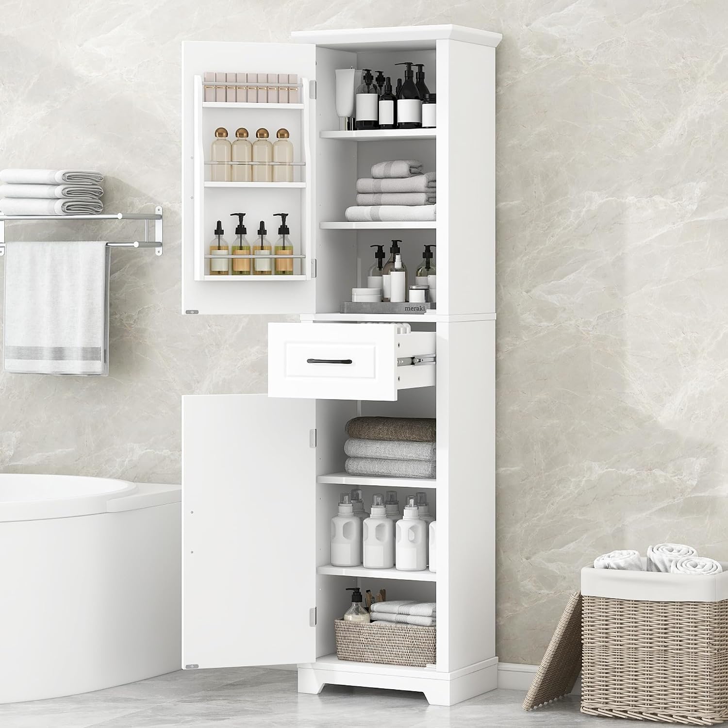 Tall Bathroom Storage Cabinet, Freestanding White Bathroom Accent Storage Cabinet with Built-in Door Shelf & Adjustable Shelves for Home Kitchen, Living Room (White Style4)