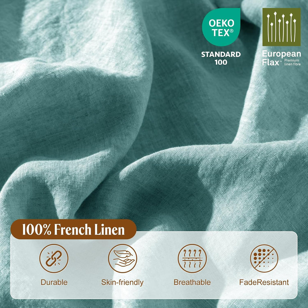 LBRO2M 100% France Linen Duvet Cover Set 3 Pcs Including 1 Flax Comforter Cover with Zipper Closure, 2 Pillowcase, Cozy Duvet Cover Queen Size, Aqua