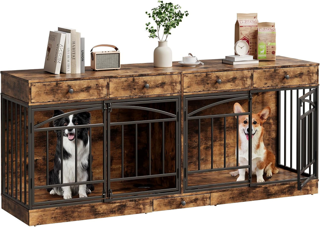 GarveeHome Dog Crate Furniture for 2 Dogs, Dog Kennel Indoor with 4 Storage Drawers and Feeding Bowls, Double Dog Crate TV Stand for Small Medium Dogs, Brown