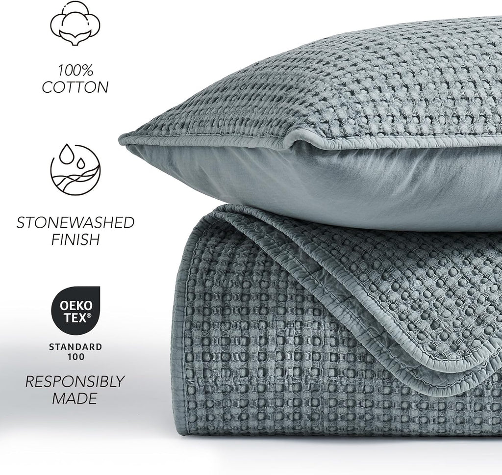 EverGrace Stonewashed 100% Natural Cotton Waffle Quilt Set King Size 3 Pieces, Soft, Breathable & Substantial Bedding, Quilted Coverlet Bedspread with 2 Shams for All Seasons, Blue Linen