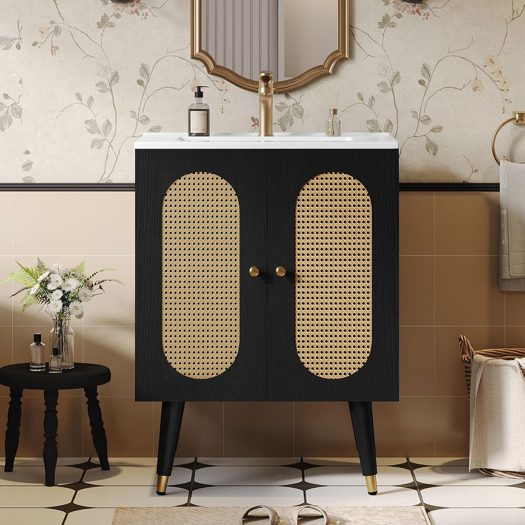 DWVO 24 Inch Rattan Vanity with Sink, Small Freestanding Bathroom Vanity Cabinet, Boho Style with 2 Large Soft-Closing Doors & Four-Sided Water Barrier Strip, Black