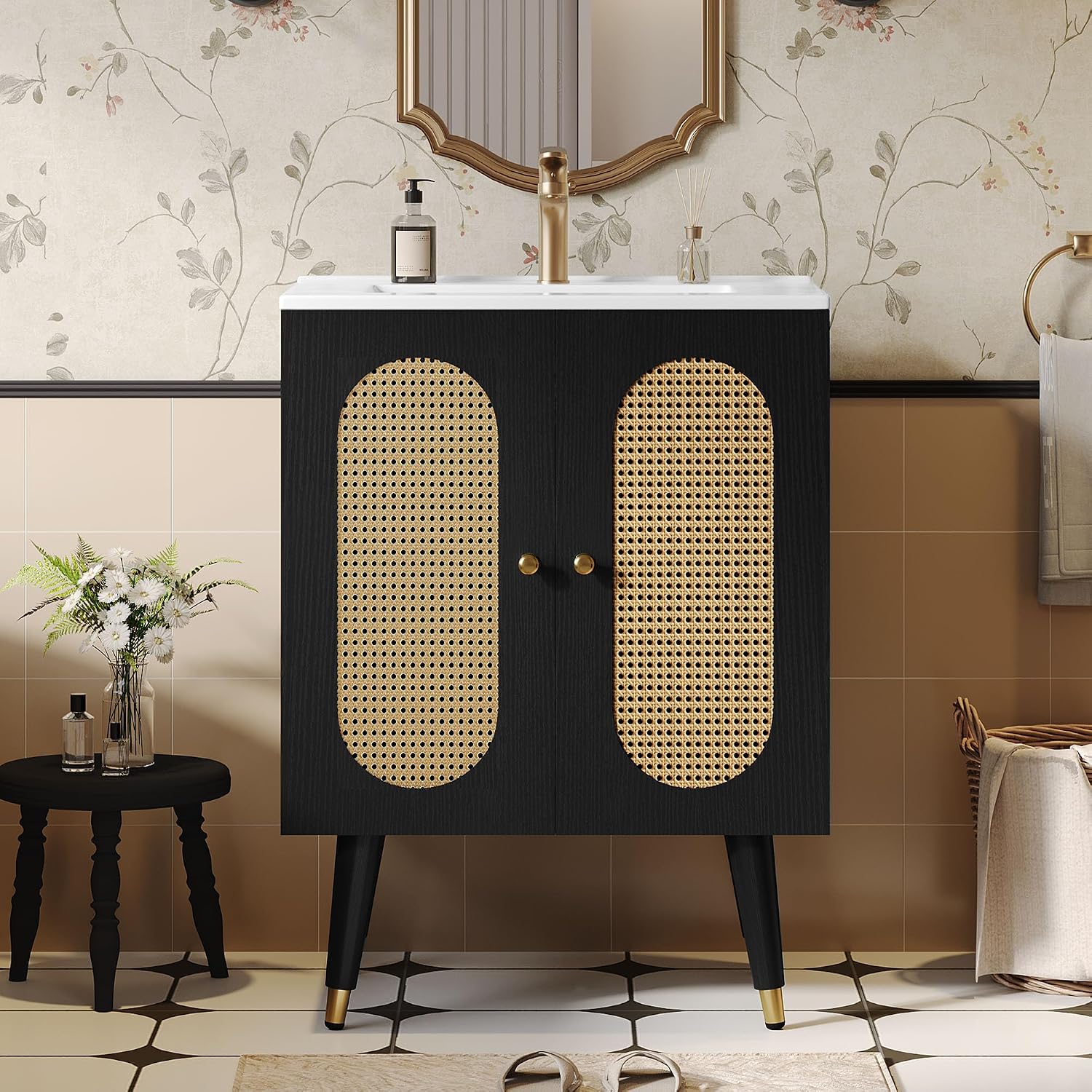 DWVO 24 Inch Rattan Vanity with Sink, Small Freestanding Bathroom Vanity Cabinet, Boho Style with 2 Large Soft-Closing Doors & Four-Sided Water Barrier Strip, Black