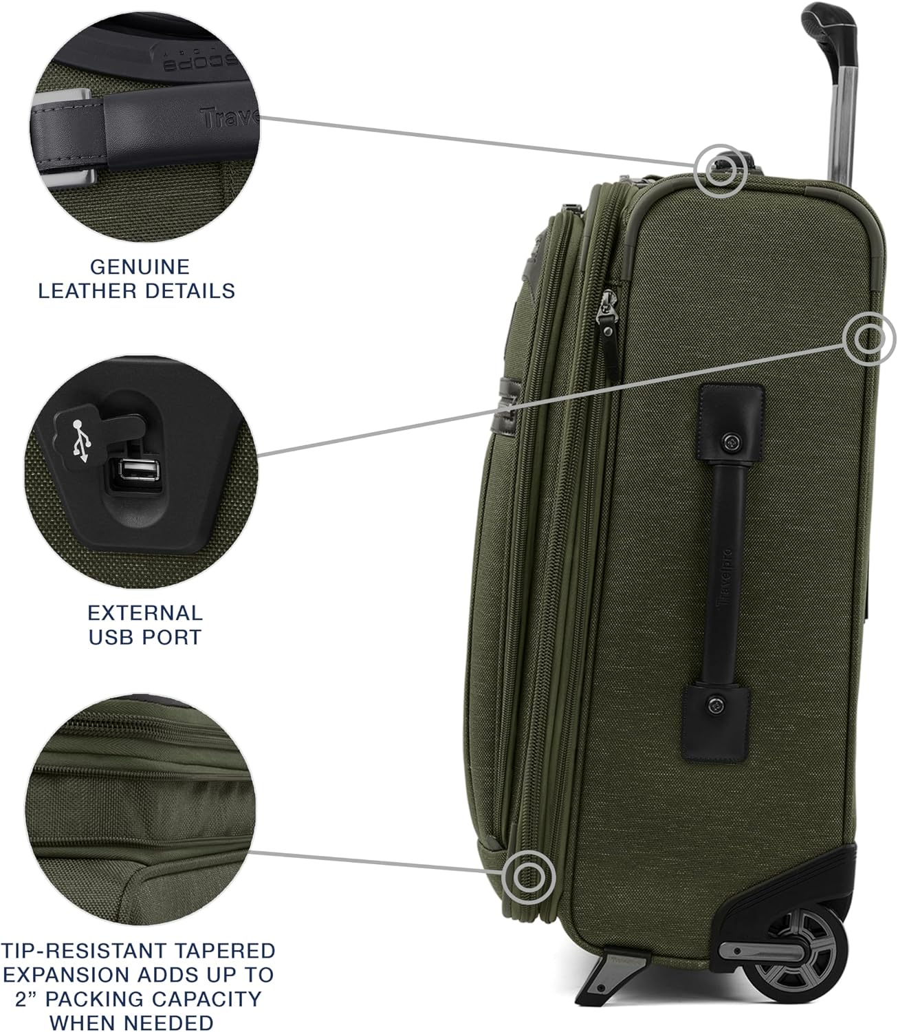 Travelpro Platinum Elite Softside Expandable Carry on Luggage, 2 Wheel Upright Suitcase, USB Port, Men and Women, Pilot Green, Carry On 22-Inch