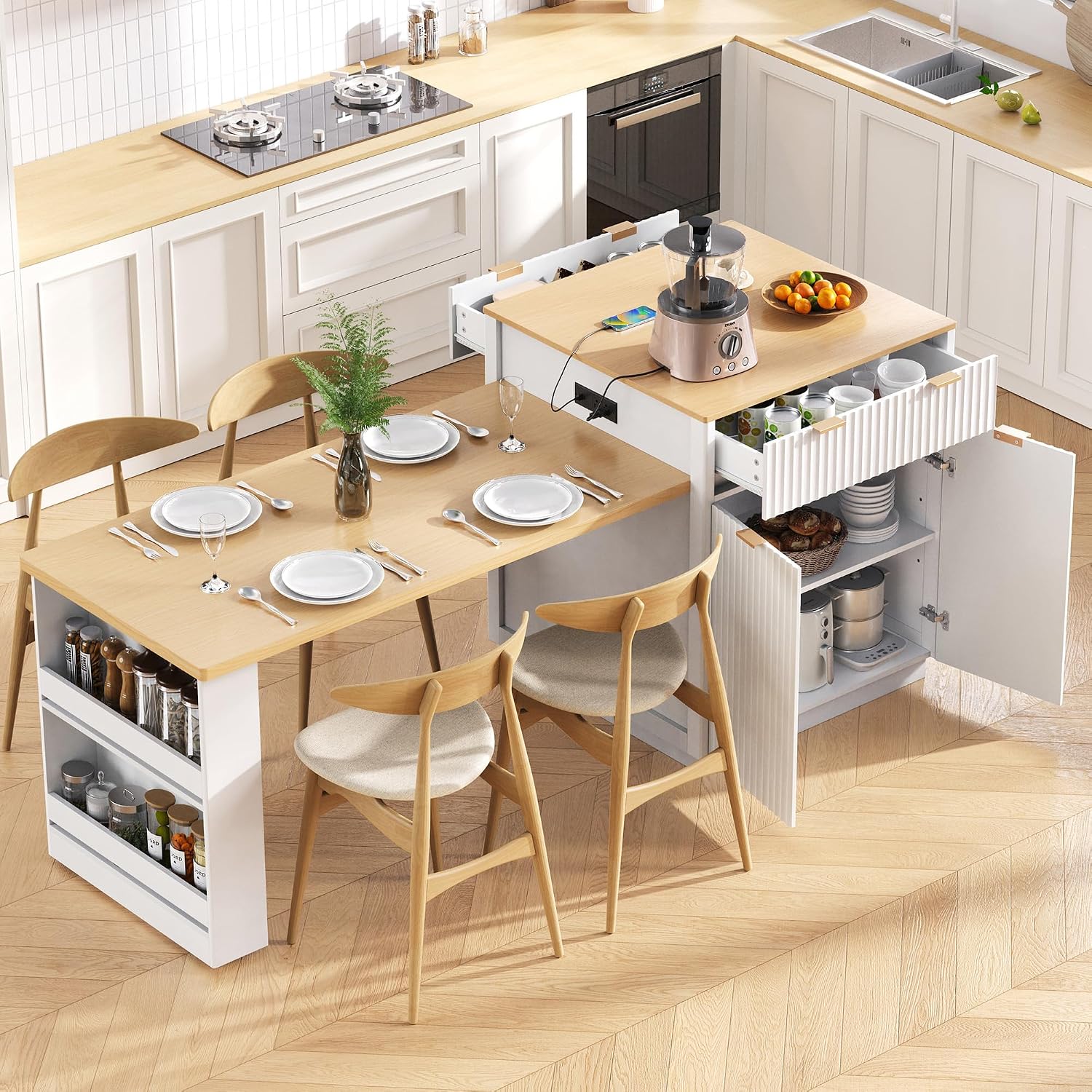 RUNNA 82.6' Fluted Kitchen Island with Extendable Dining Table for 4-6,Island Table for Kitchen with Power Outlet, Kitchen Table with Double-Side Storage, 2 Drawers 2 Side Open Shelves (White#18)