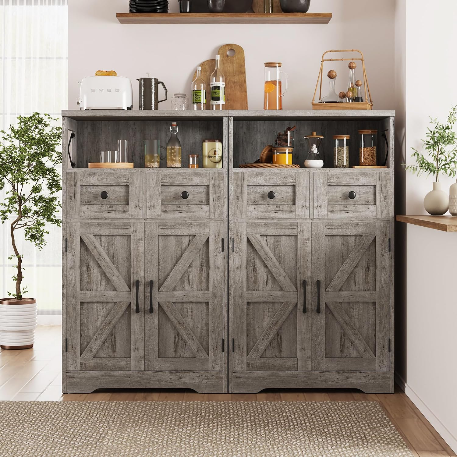 Befrases Set of 2 Farmhouse Storage Cabinet with Drawers and Adjustable Shelves, Freestanding Kitchen Pantry Storage Cabinet, Floor Storage Cupboard for Dining Living Room Home Office, Washed Grey