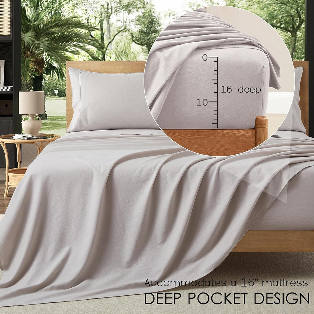 4Pcs Organic Linen Sheets King Size, 100% French Linen from Normandy, Tear-Resistant Natural Linen King Sheet Set with 16 Inch Deep Pocket, 1 Flat Sheet, 1 Fitted Sheet, 2 Pillowcases