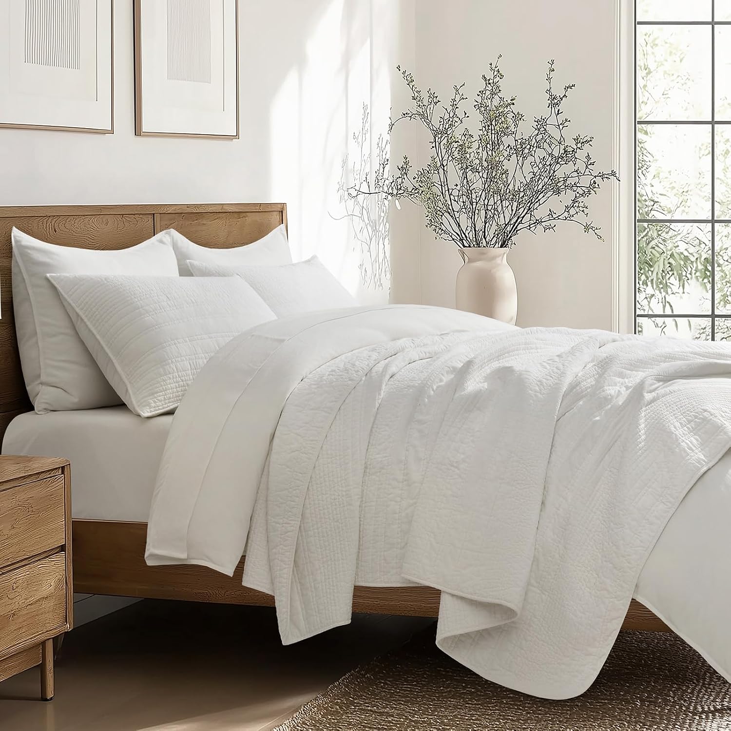 EVERGRACEHOME 100% Cotton Modern Lines Quilt Set Oversized King, Pre-Washed Soft Striped Coverlet Bedspread, 3 Piece Lightweight Bedding Set for All Season, with 2 Pillow Shams, Bright White