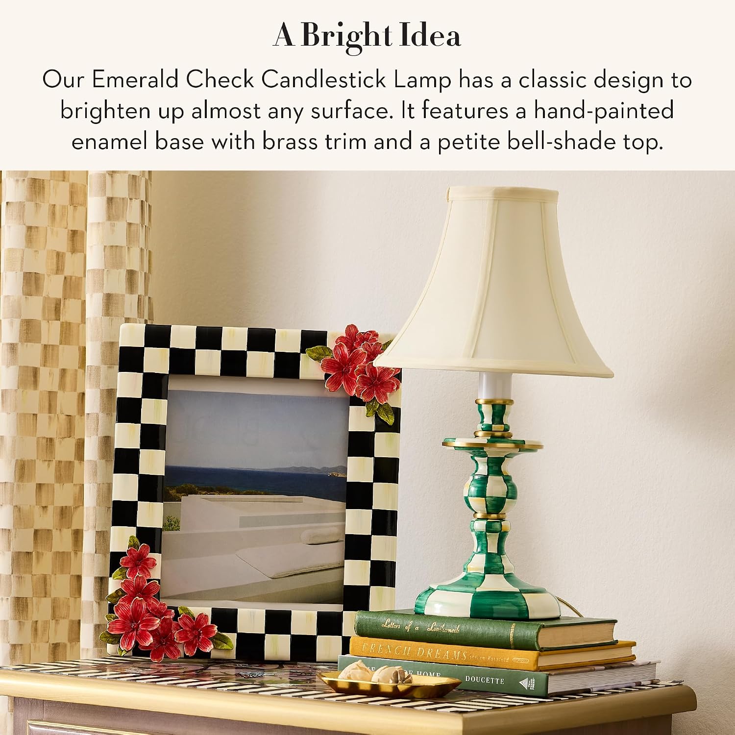 MACKENZIE-CHILDS Candlestick Lamp, Decorative Living Room and Bedroom Lamp, Green-and-White Emerald Check