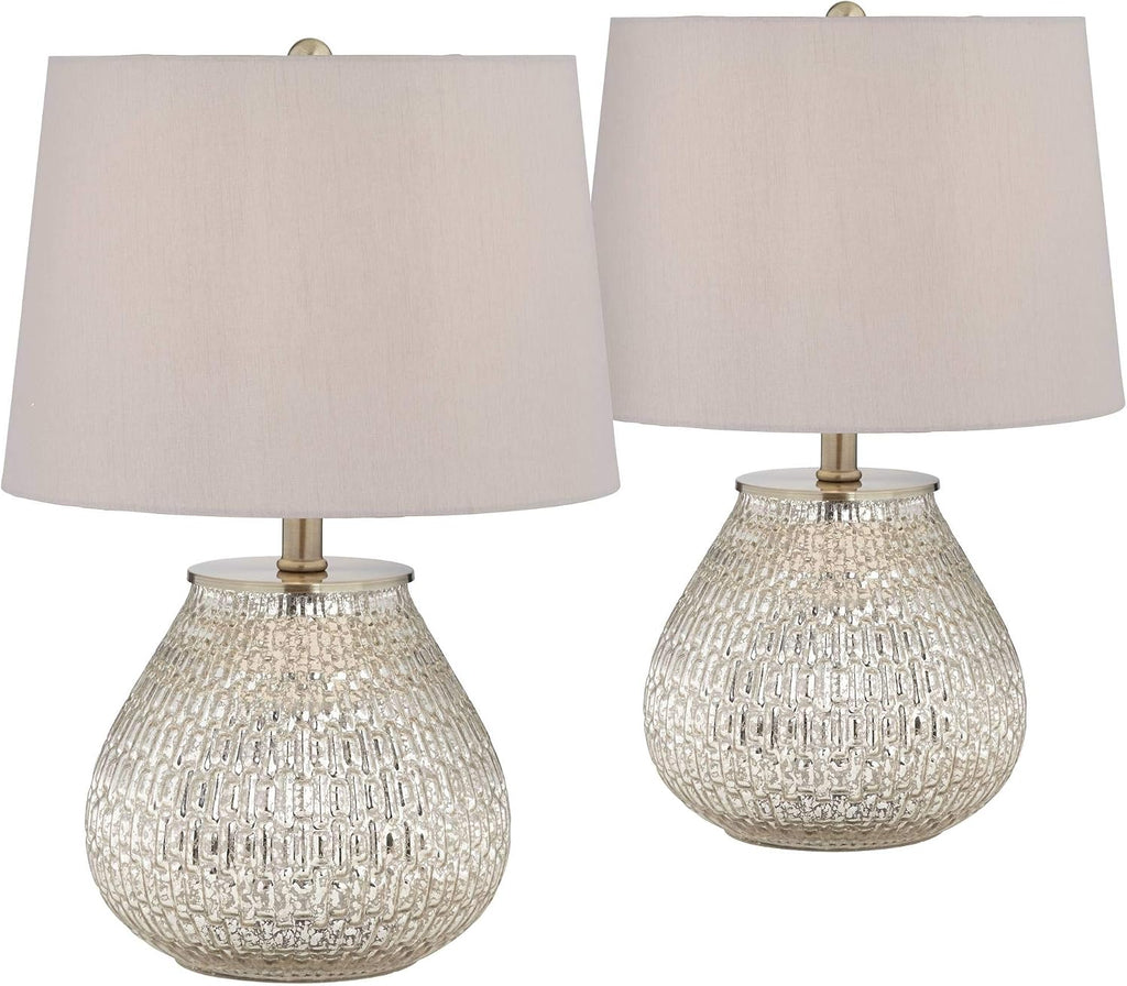 360 Lighting Zax Country Cottage Small Accent Table Lamps 19 1/2' High Set of 2 Silver Mercury Glass Teardrop Gray Fabric Drum Shade Decor for Bedroom House Bedside Nightstand Home Office