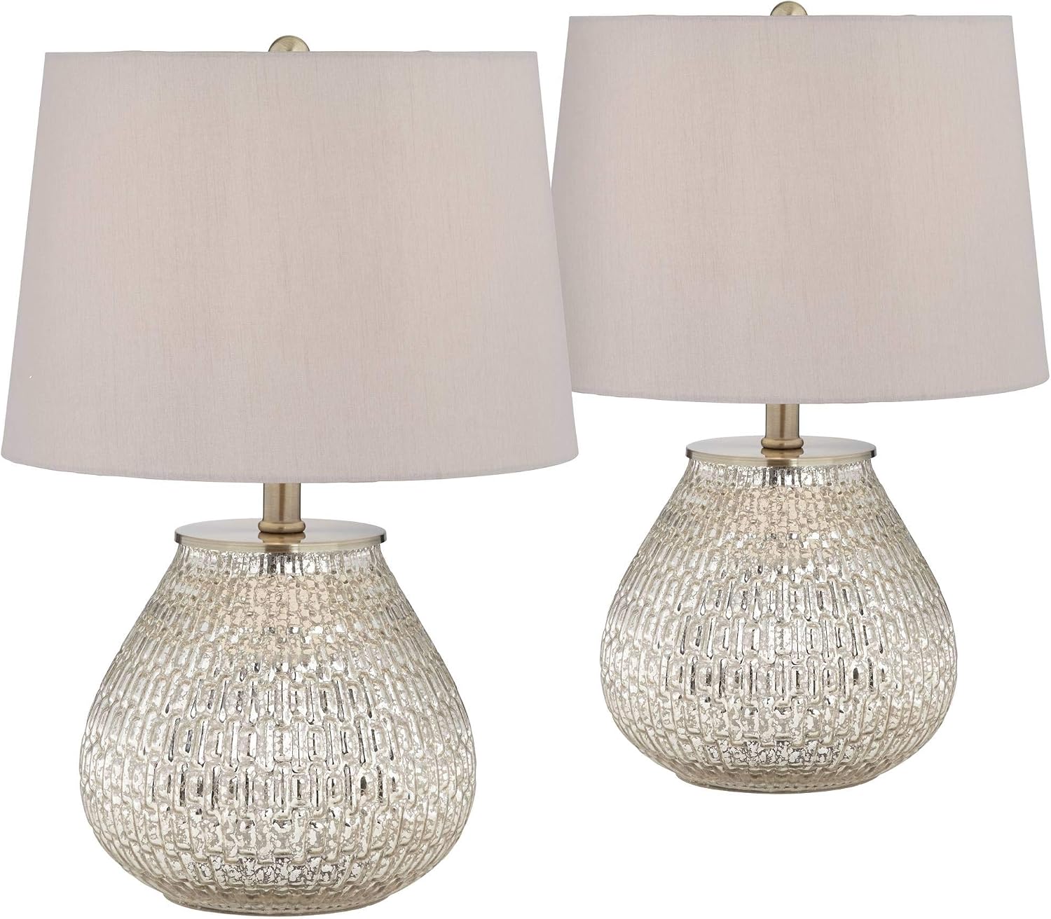 360 Lighting Zax Country Cottage Small Accent Table Lamps 19 1/2' High Set of 2 Silver Mercury Glass Teardrop Gray Fabric Drum Shade Decor for Bedroom House Bedside Nightstand Home Office