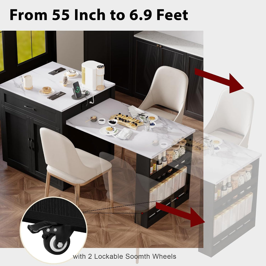 RUNNA Kitchen Island with Extendable Dining Table for 4-6 Person,Two-Tone Kitchen Table,Power Outlet Storage 2 Drawers 2 Side Open Shelves(Black~010)