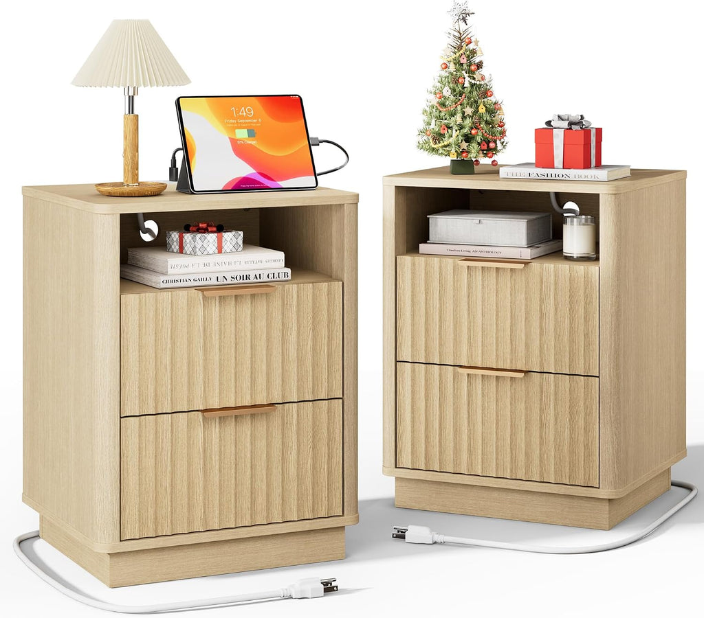 Fluted Nightstand, Night Stand Set 2, Modern Nightstands Set of 2 with Charging Station, 2 Drawer End Table w/Storage, Bedside Table for Bedroom Sofa Home Office, Curved Corners,Natural Oak