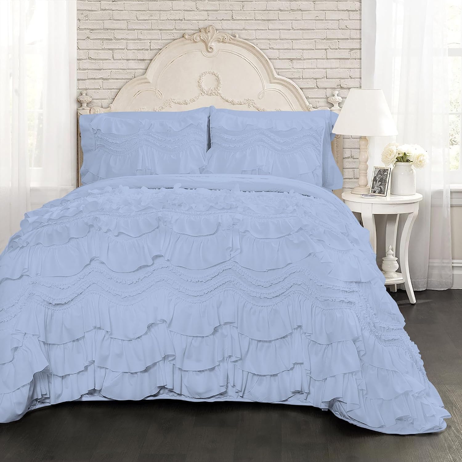100% Egyptian Cotton, 550 GSM Microfiber Filled Quilt Ruffled Textured 3 Piece Full/Queen Size Comforter Set, Light Blue