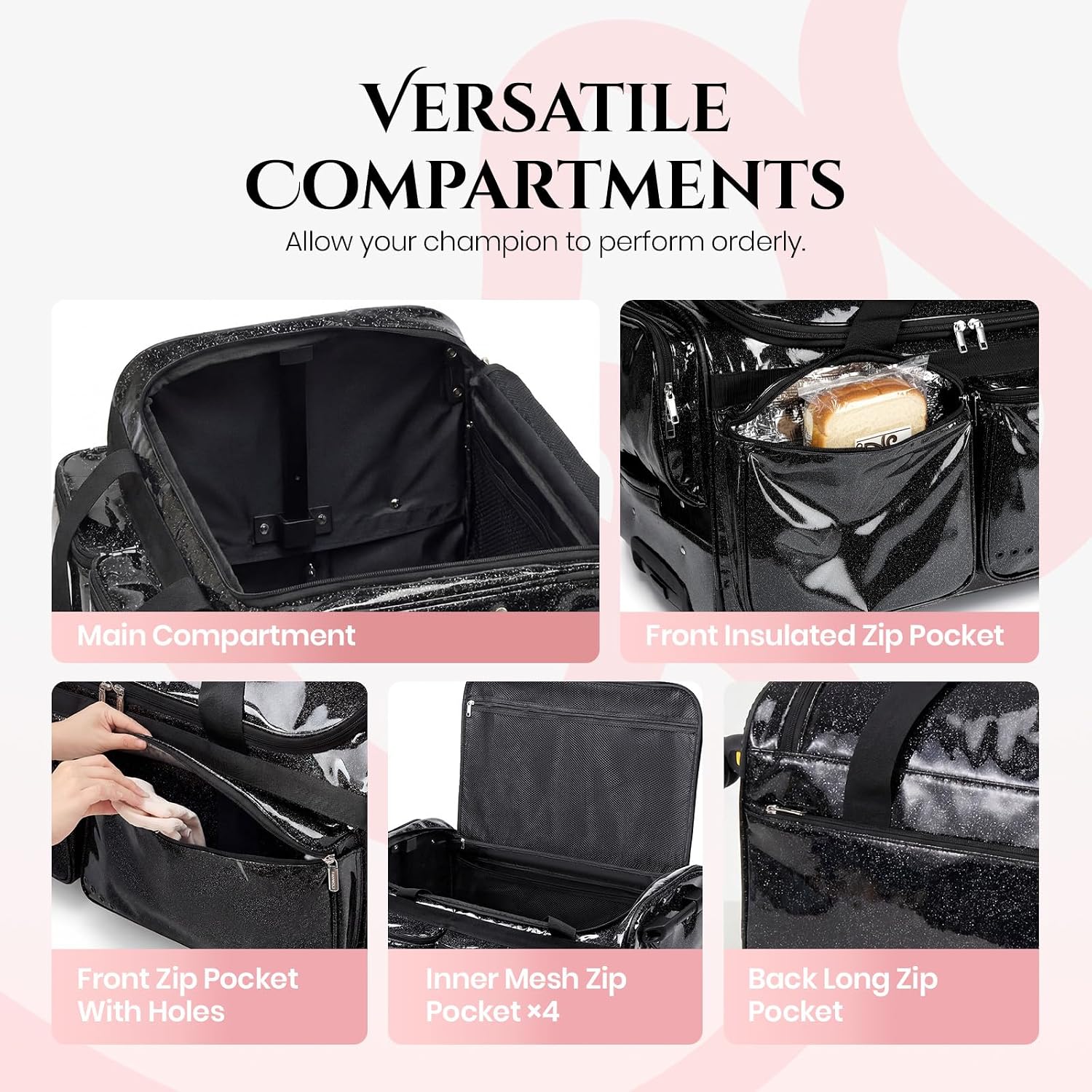 Fanwoli 23' Rolling Dance Duffel Bag with Garment Rack | Detachable 4-Spinner Wheels | Waterproof Glitter Fabric | Competition Travel Luggage for Cheerleader, Skating, Gymnast & Sleepover | Black