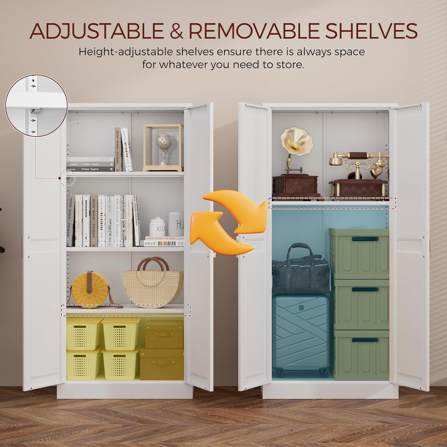 60' Tall Metal Pantry Cabinet, White Kitchen Pantry Storage Cabinet with 3 Adjustable Shelves and Gold Handles, Cupboard for Kitchen, Dining Room, Living Room, Bathroom