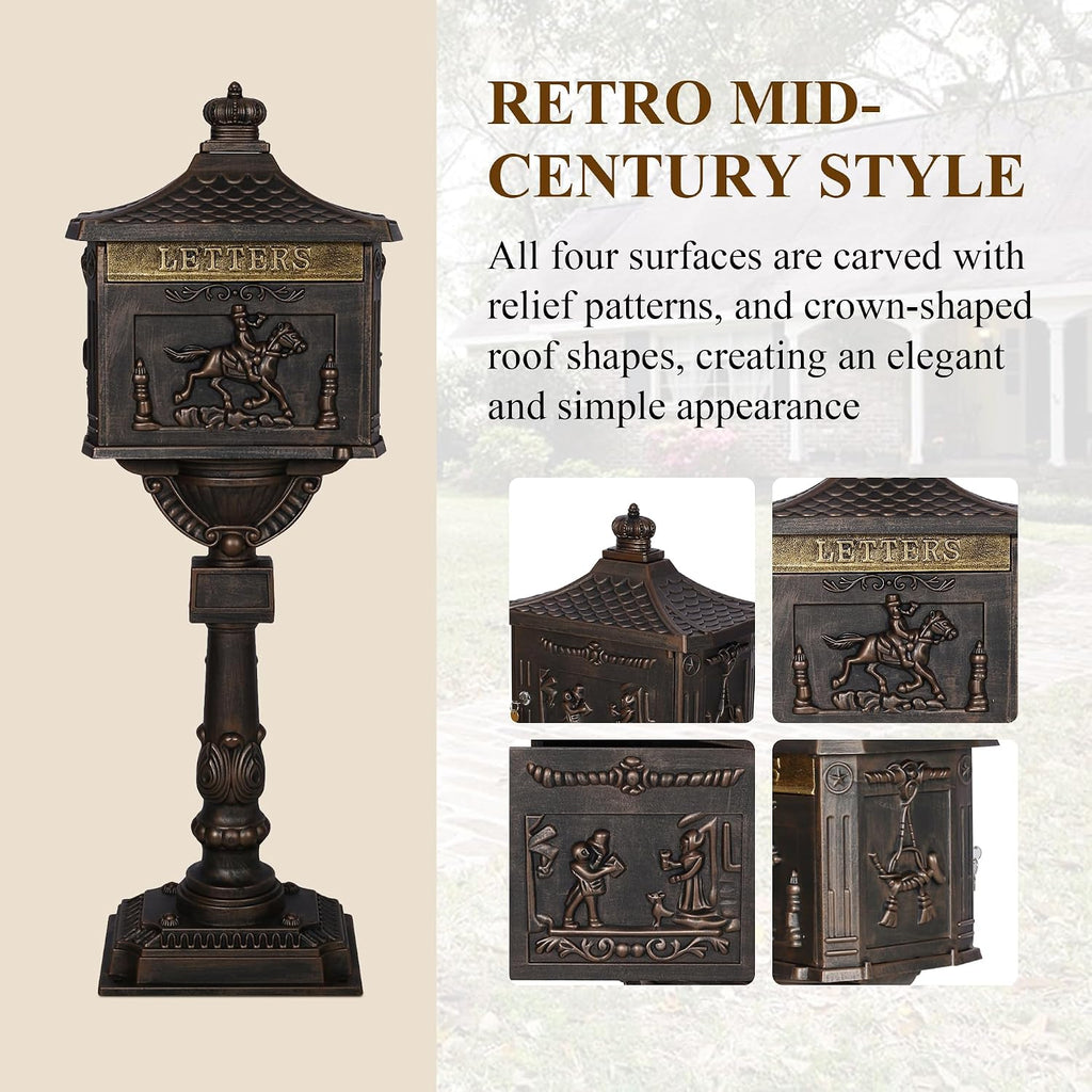 Mailbox, Heavy Duty Cast Aluminum Postal Box, Mail Box with 2 Keys for Courtyard Villa Decoration - Bronze