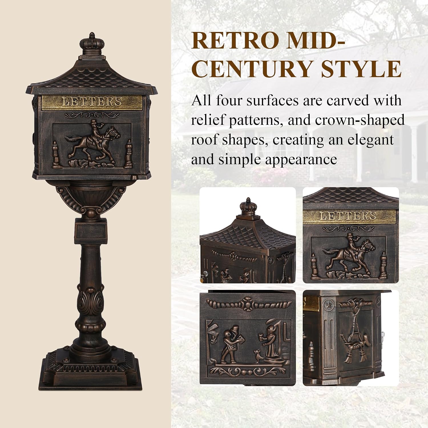Mailbox, Heavy Duty Cast Aluminum Postal Box, Mail Box with 2 Keys for Courtyard Villa Decoration - Bronze