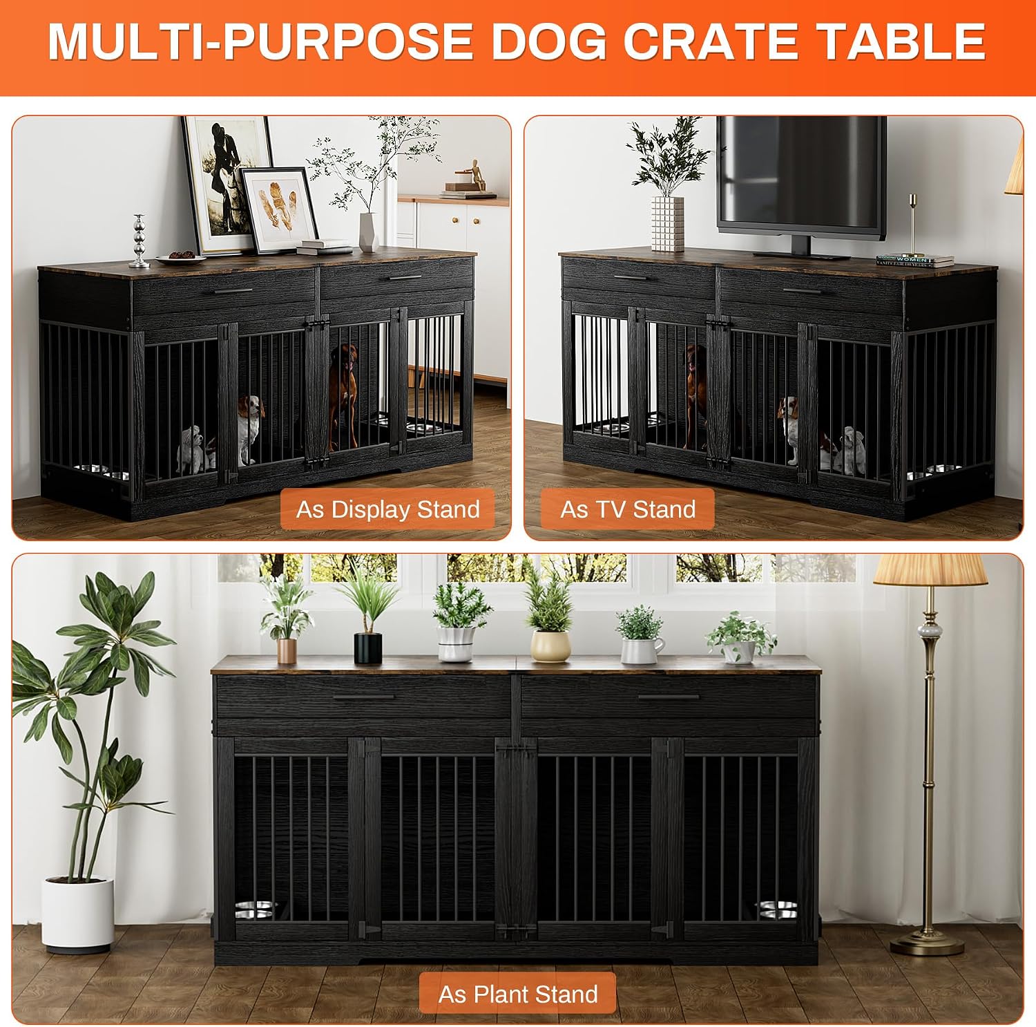 Rophefx 72' Dog Crate Furniture for 2 Dogs, Large Dog Kennel Furniture with 2 Storage Drawers and 4 Bowls, Wooden Dog Cage with Removable Divider, Indoor Dog House TV Stand for Medium Dog, Black
