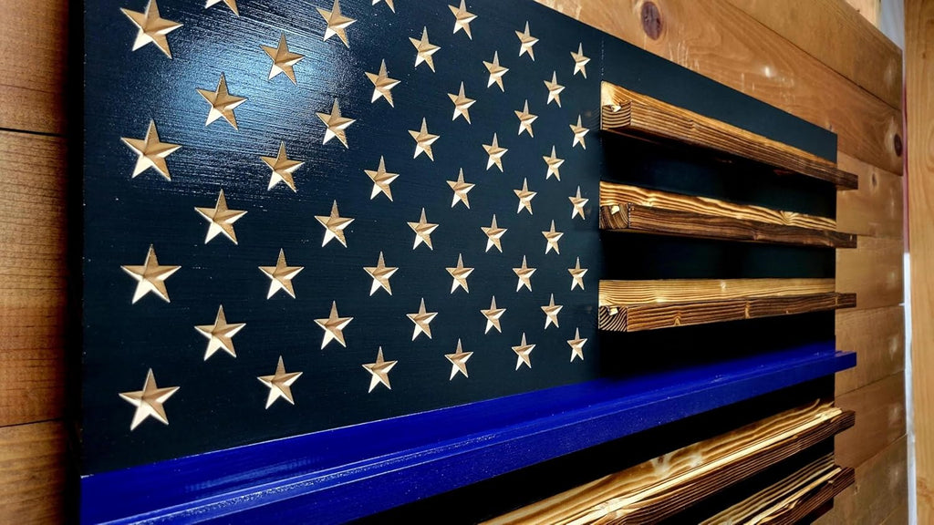 Thin Blue Line Challenge Coin Holder Display, Wooden Shelves hold 90-100 Coins, for Military, Police, Law Enforcement, First Responders, Custom Handmade Quality, Made in Texas