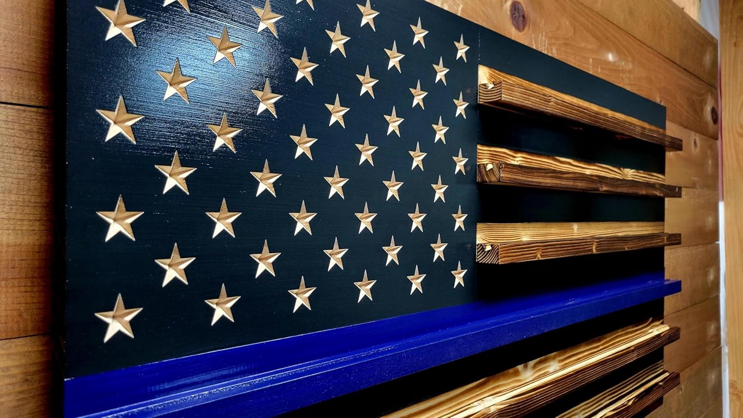 Thin Blue Line Challenge Coin Holder Display, Wooden Shelves hold 90-100 Coins, for Military, Police, Law Enforcement, First Responders, Custom Handmade Quality, Made in Texas