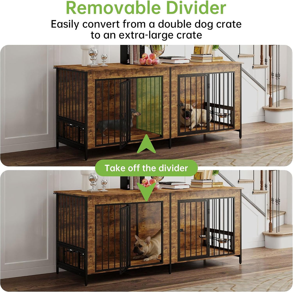 Real Relax 78' Large Dog Crate Furniture for 1 or 2 Dogs with with Rotating Dog Bowl Rack, Heavy Duty Dog Kennel Furniture for Small/Medium Dogs with 4 Bowls, Dog Cage with Steel Frame, Brown