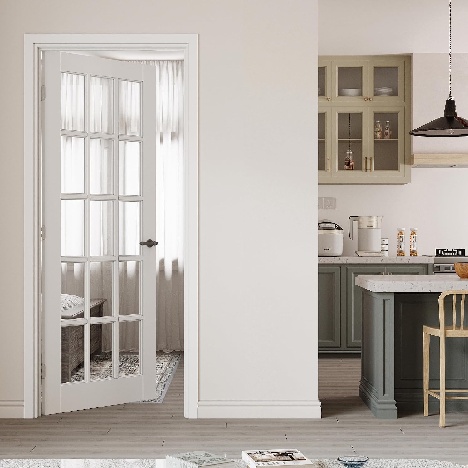 32' x 80' Prehung Door 15-Lite Tempered Clear Glass Slab Doors with Jamb Kit, Solid Core MDF Interior Door for Bathroom Pantry Laundry, Home Doors, Easy Assemble - Left Handed Silver Hinge