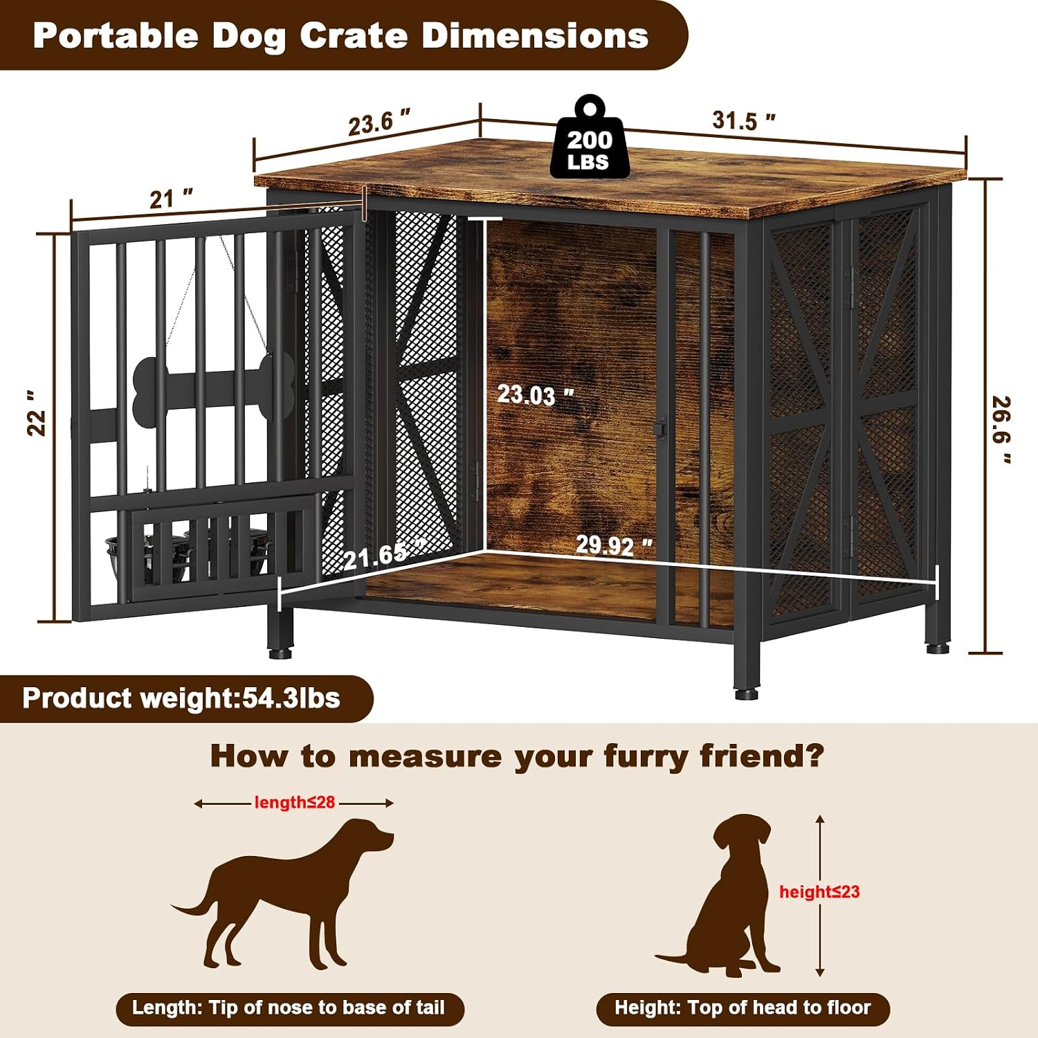 Easycom Dog Crate Furniture, 31.5' Assembly-Free Dog Crates for Small & Medium Dogs, Foldable Dog Kennel Indoor with Tag & Adjustable Dog Bowls, Wooden Dog Cage Use as End Table, Rustic Brown