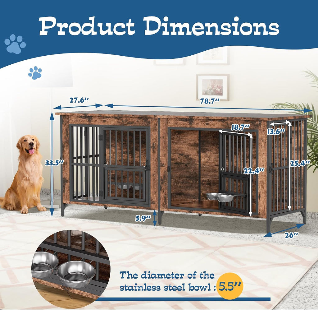 Grepatio 79' Double Dog Crate Furniture, Large Dog Kennel for 2 Dogs, Indoor Wooden Crate with Rotating Feeder Bowls and 4 Doors, Heavy Duty Dog House TV Stand with Removable Divider