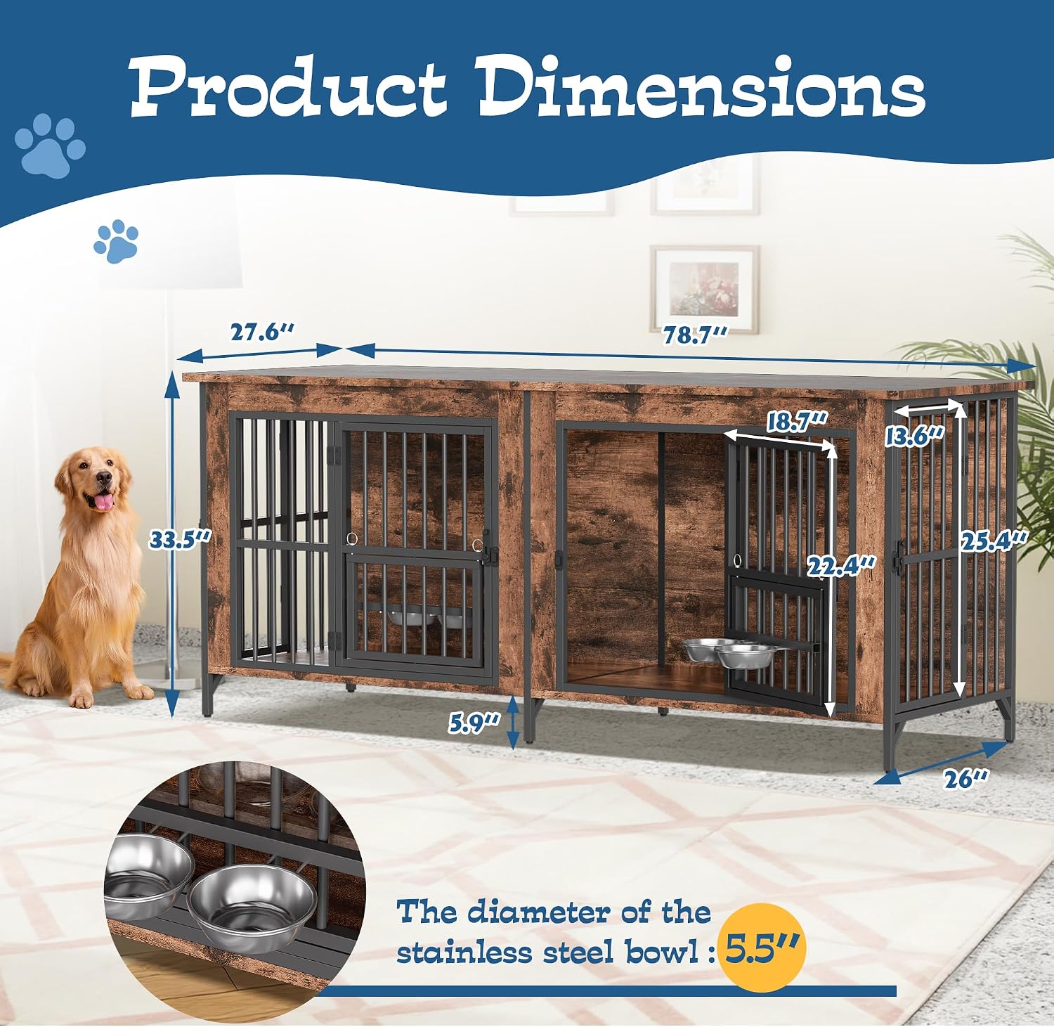 Grepatio 79' Double Dog Crate Furniture, Large Dog Kennel for 2 Dogs, Indoor Wooden Crate with Rotating Feeder Bowls and 4 Doors, Heavy Duty Dog House TV Stand with Removable Divider